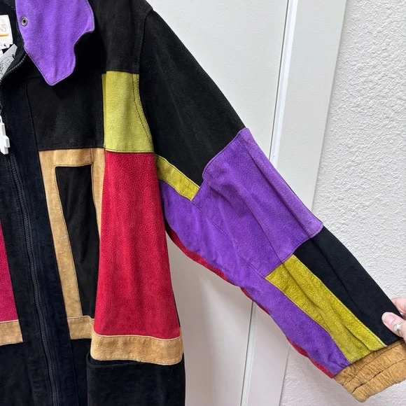 Vintage 1980s Roaman's Color-Block Long Suede Geometric Jacket